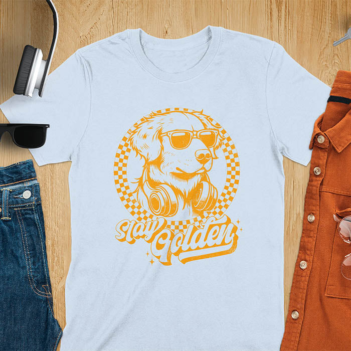 Stay Golden vintage Golden Retriever wearing sunglasses and headphones on light blue t-shirt