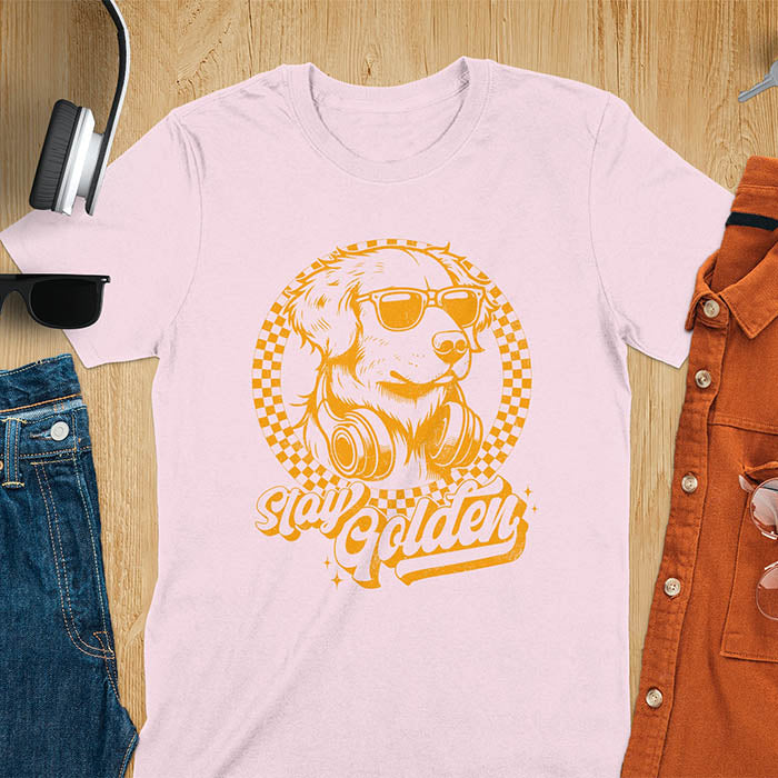 Stay Golden vintage Golden Retriever wearing sunglasses and headphones on light pink t-shirt