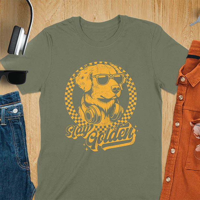 Stay Golden vintage Golden Retriever wearing sunglasses and headphones on military green t-shirt