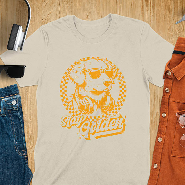 Stay Golden vintage Golden Retriever wearing sunglasses and headphones on sand t-shirt