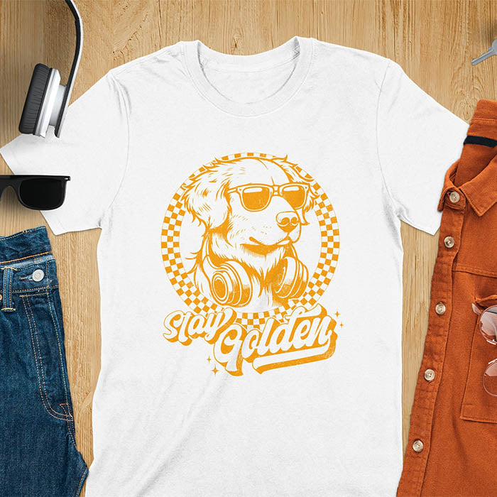 Stay Golden vintage Golden Retriever wearing sunglasses and headphones on white t-shirt