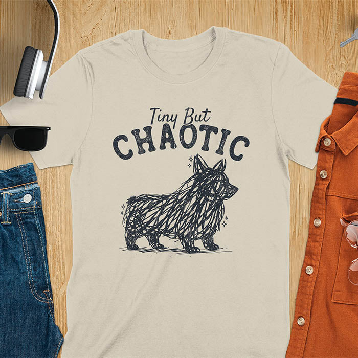 Sand color t-shirt featuring a corgi scribble line art graphic with the text "Tiny But Chaotic" on a wooden flat lay background