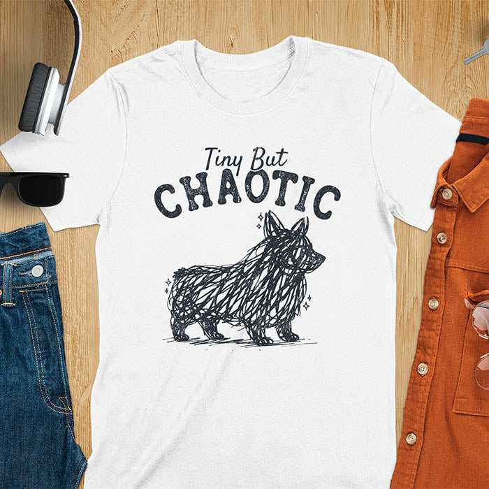White t-shirt featuring a corgi scribble line art graphic with the text "Tiny But Chaotic" on a wooden flat lay background