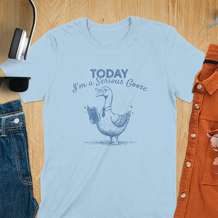 Light blue color tee Featuring a retro vintage design with a distressed texture effect, this meme graphic tee showcases a dapper goose standing tall with a tie, collar, spectacles, and an open book in its wing, paired with the cheeky text, Today I’m a Serious Goose.