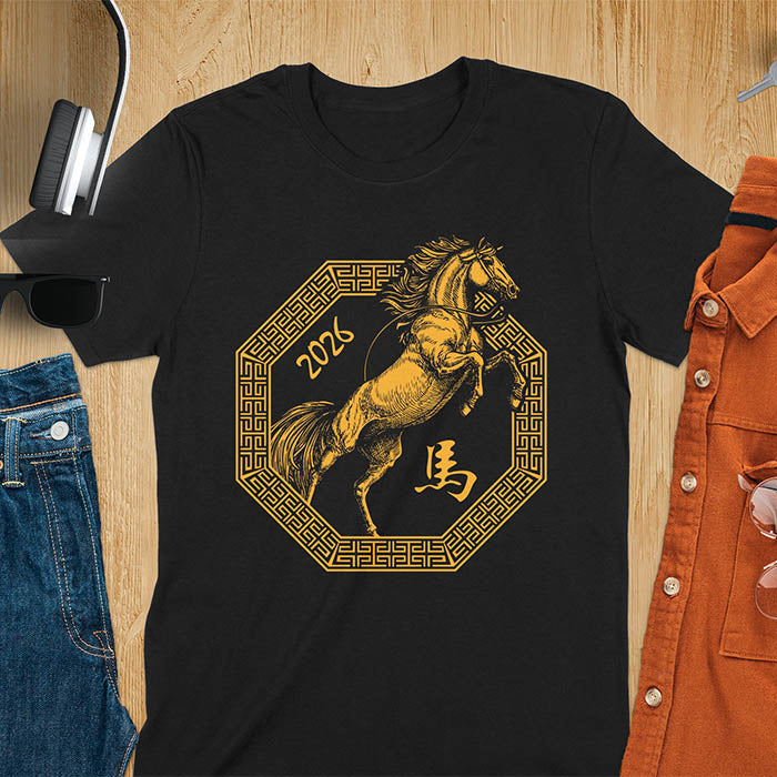 Year of the Horse t-shirt with golden rearing horse in Ba Gua octagon, Chinese character for horse, and 2026 - black