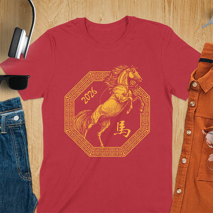 Year of the Horse t-shirt with golden rearing horse in Ba Gua octagon, Chinese character for horse, and 2026 - cherry red