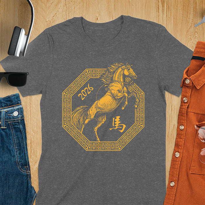 Year of the Horse t-shirt with golden rearing horse in Ba Gua octagon, Chinese character for horse, and 2026 - dark heather