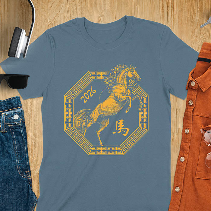 Year of the Horse t-shirt with golden rearing horse in Ba Gua octagon, Chinese character for horse, and 2026 - indigo blue