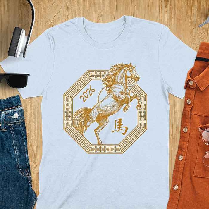 Year of the Horse t-shirt with golden rearing horse in Ba Gua octagon, Chinese character for horse, and 2026 - light blue