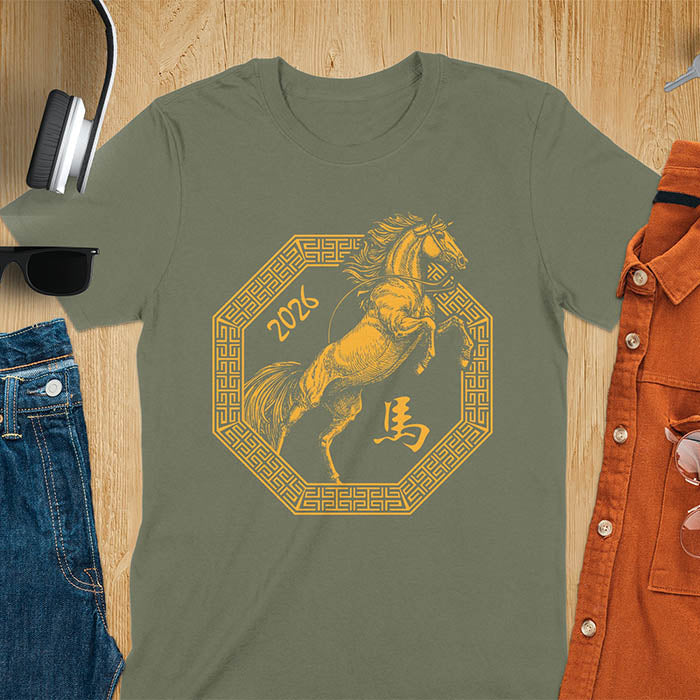 Year of the Horse t-shirt with golden rearing horse in Ba Gua octagon, Chinese character for horse, and 2026 - military green 