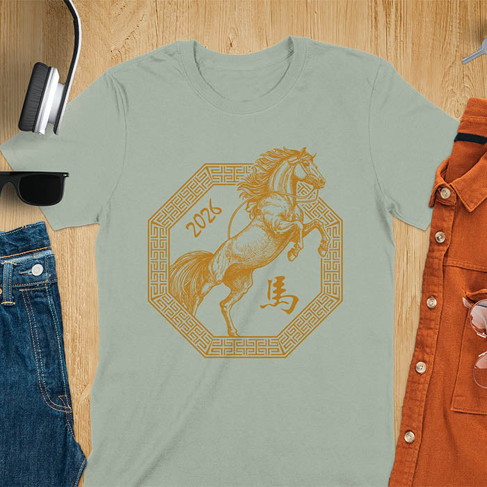 Year of the Horse t-shirt with golden rearing horse in Ba Gua octagon, Chinese character for horse, and 2026 - sage green
