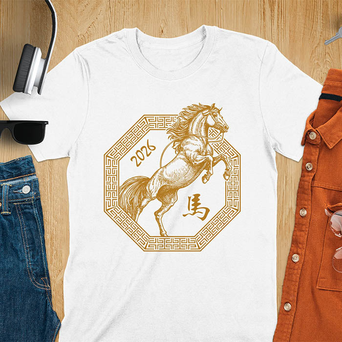 Year of the Horse t-shirt with golden rearing horse in Ba Gua octagon, Chinese character for horse, and 2026 - white