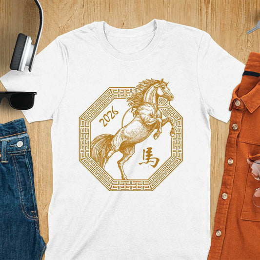 Year of the Horse t-shirt with golden rearing horse in Ba Gua octagon, Chinese character for horse, and 2026 - white