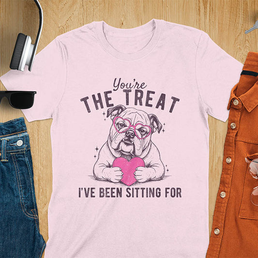 You're the treat I've been sitting for bulldog with pink heart glasses holding pink heart graphic tee on link pink shirt