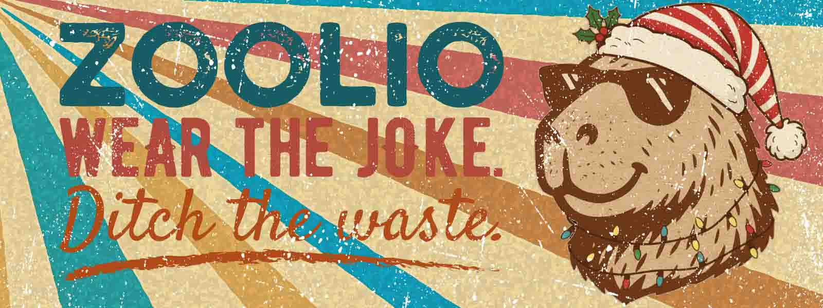 Vintage-style poster with a capybara wearing sunglasses and a Santa hat, featuring the brand 'Zoolio'.